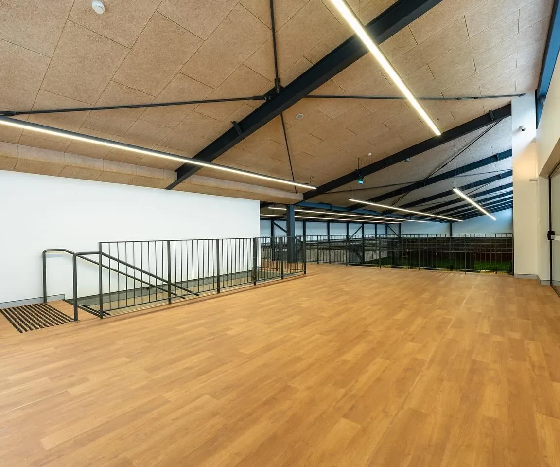Finished upper-level interior with timber floor and exposed steel beams