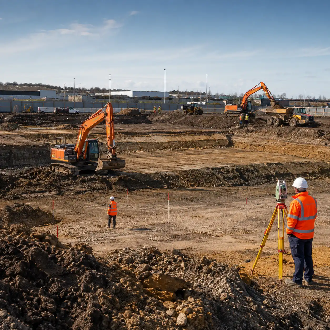 Excavators and surveyors working across a large excavation site